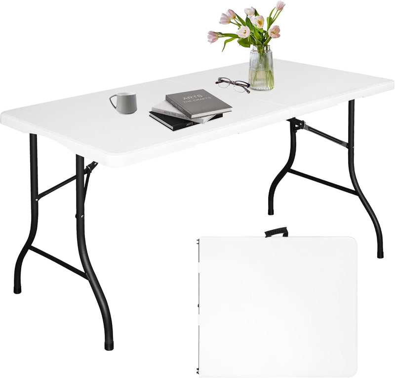 MOMENT Foldable Lightweight Trestle Outdoor Camping Tables, Heavy Duty Plastic Outdoor Folding Picnic Table, Folding Trestle Table For BBQ Party, Folds in Half with Carry Handle, White - 150x70cm
