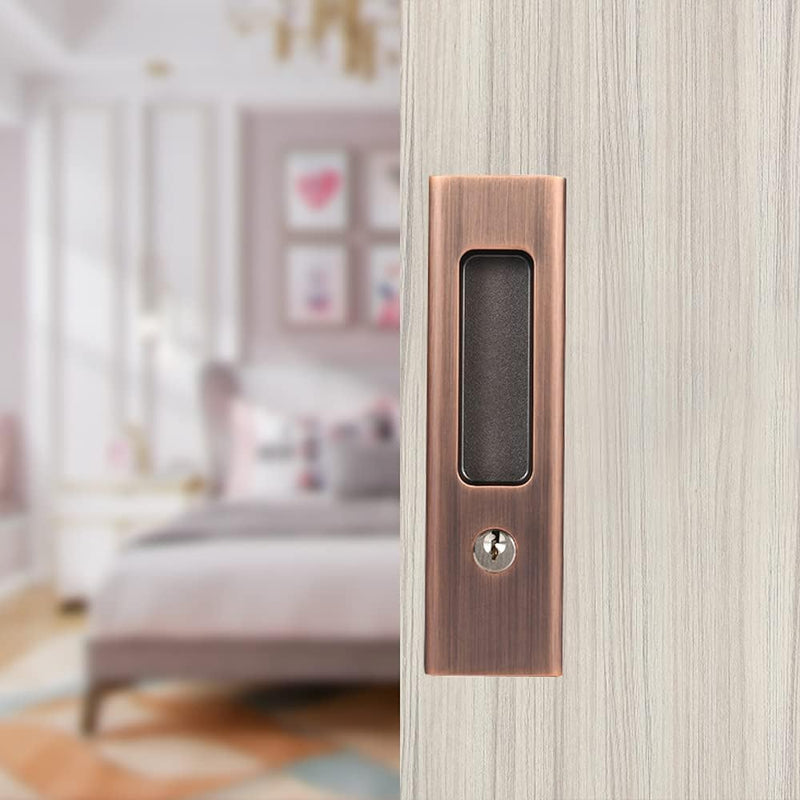 youthua 6.3â€ Privacy Pocket Door Lock Hardware,Invisible Sliding Door Lock with Keys,Recessed Handle Latch, Double Barn Door Lock, Invisible Furniture Hardware (Red Copper)