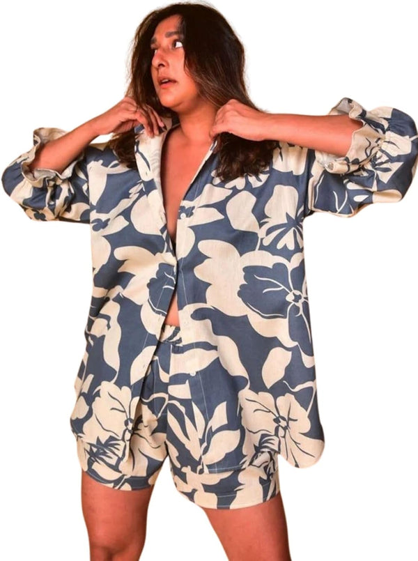 Rayon Floral Stylish Pajama Shorts Co Ord Set for Women Pack of 1 - BLUE