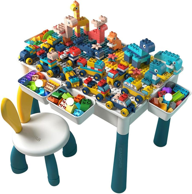Multi-Functional Kids Activity Table & Chair Set,Building Block Play Surface,Sand/Water Station & Study Desk with Chairs - Multi-Functional Educational Toy for Boys & Girls Ages 3-8 Years - Blue A