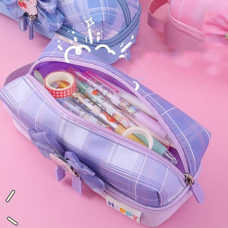 HASTHIP Pencil Case Large Capacity Canvas Pencil Pouch with Bowknot, Double Zipper, Multi-Layer Compartments, Gusset Design, Cute Pink Pen Bag for Girls/Women, Stationery Storage, Cosmetic Organizer