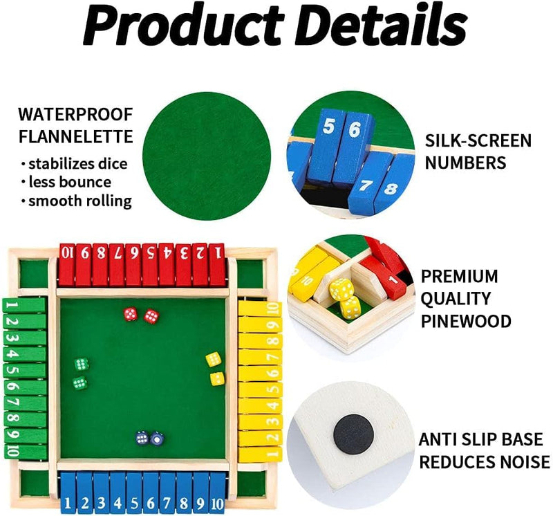 Shut The Box Dice Game, 2-4 Player Family Wooden Board Table Math Funny Games for Adults and Kids, 8 Dices Classics Creative Tabletop Version Games for Classroom,Home,Party or Pub