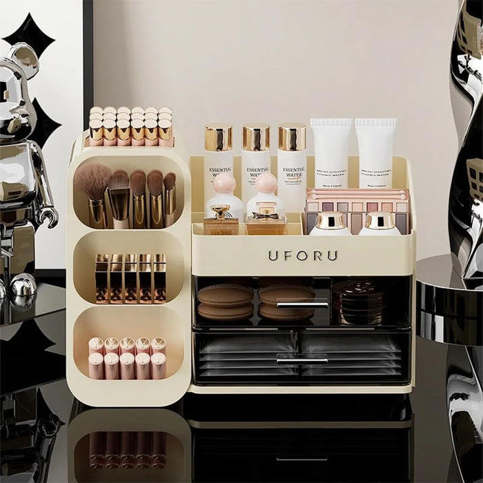QHWRV Large Capacity Modern Elegant Makeup Organizer, Cosmetic Display Cabinet with 7 Compartments, Drawers, Suitable for Dressing Table, Bathroom, Office Desk in White, Grey
