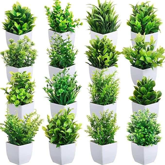 Dekorly Artificial Potted Plants, 8 Pack Artificial Plastic Eucalyptus Plants Small Indoor Potted Houseplants, Small Faux Plants for Home Decor Bathroom Office Farmhouse (Set 0F 8)