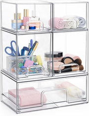 4 PACK Large Plastic Stackable Storage Drawers, Clear Acrylic Storage Drawers Container Boxes for Vanity, Undersink, Kitchen Cabinets, Pantry Organization and Storage, 38.5x31.3x17.3cm - Wide *1 + Tall *2 + Small *2 Storage Drawers