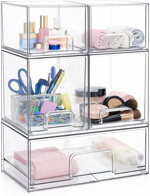 4 PACK Large Plastic Stackable Storage Drawers, Clear Acrylic Storage Drawers Container Boxes for Vanity, Undersink, Kitchen Cabinets, Pantry Organization and Storage, 38.5x31.3x17.3cm - Wide *1 + Tall *2 + Small *2 Storage Drawers