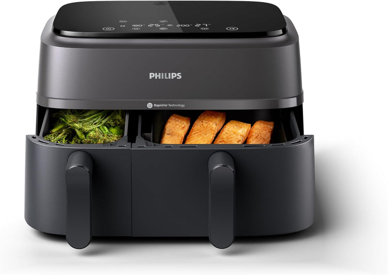 Dual Basket AirFryer 3000 Series - 2750W, 9L Capacity, 2 Basket Drawers, 8 Presets Touchscreen, Black - NA350/00 - Airfryer Dual Basket 9L