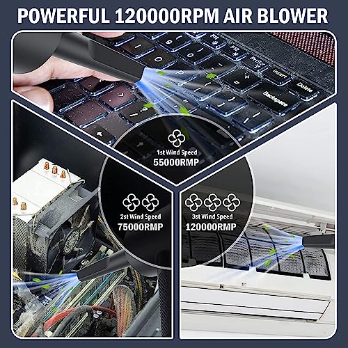 Yomile Compressed air Duster - 120000RPM 3 Speeds Electric Air Duster, 7600mAh Battery Cordless Dust Blower for Keyboard Cleaner,Rechargeable Air Blower AIC Can for Office Computers