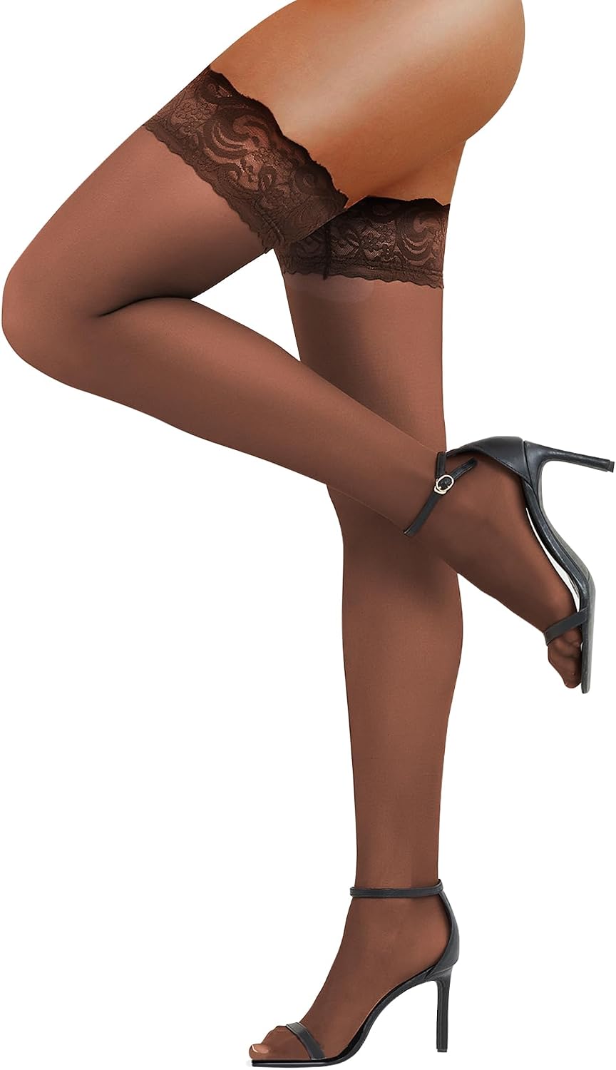 RSLOVE Women's Lace Top Thigh High Sheer Stockings Antiskid Silicone Ultra Shimmery Pantyhose