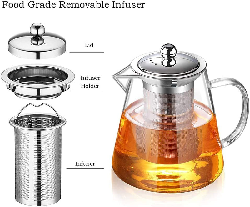 AUTOYSUR Glass Teapot with Infuser Tea Pot 25oz/32oz/43oz Tea Kettle Stovetop Safe Blooming and Loose Leaf Tea Maker Set -1300ml