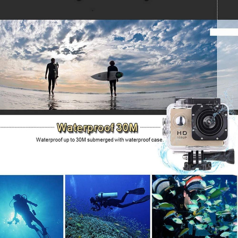 FITTO Sports Cam Waterproof Action Camera 1080P, Full HD 12MP Video Camera, 2-inch LCD, 140 Wide Angle Lens, 30M Underwater, Multi-Use Accessories