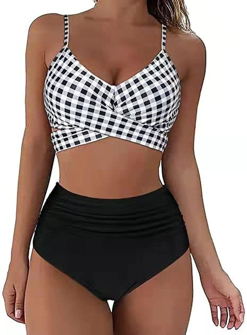 Women High Waisted Wrap Bikini Set Back Tie 2 Piece Swimsuits Low Neck Push Up Bathing Suits Solid Swimwear Print Criss cross Swimming suit Beachwear