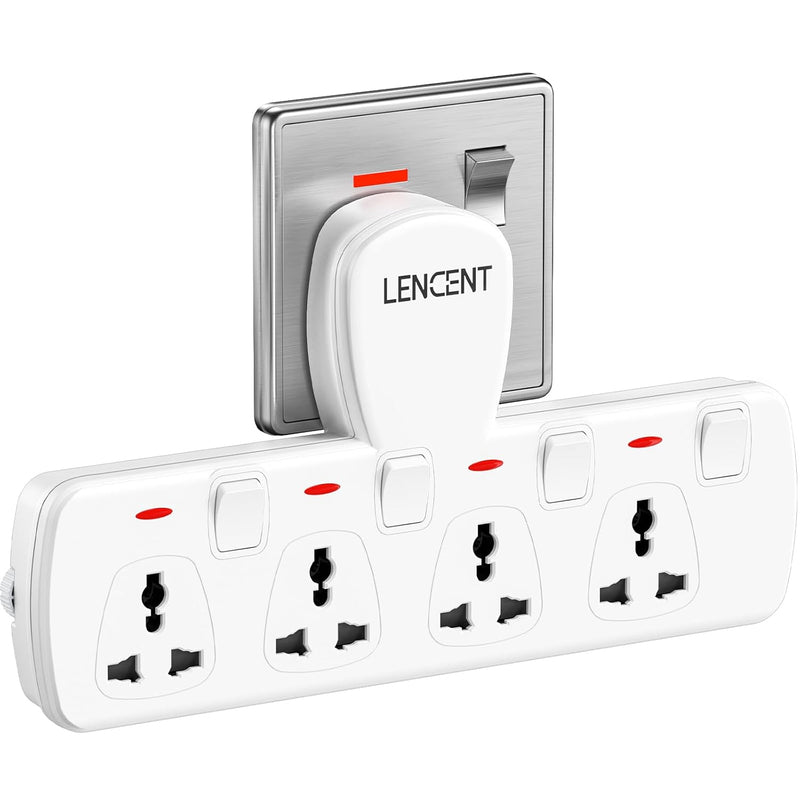 LENCENT Multi Plug Extension Socket, 4 Way Electrical Outlet Extender, Wall Charger, Universal Plug Adapter, Charging Station for Home, Office, Kitchen, Individually Switched