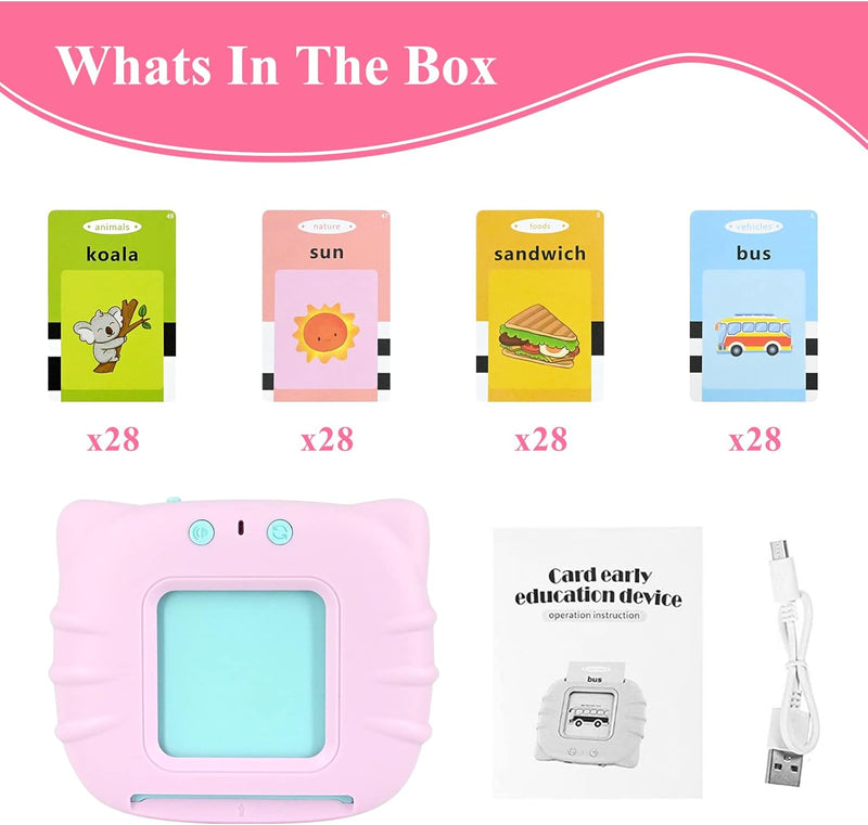 Cavebit Audible Talking Flash Cards for Toddlers 2-4 Years, 112 Cards 224 Words Educational Toys for 2 3 4 5 6 Year Old Boys Girls, Sight Words Kindergarten (Pink)