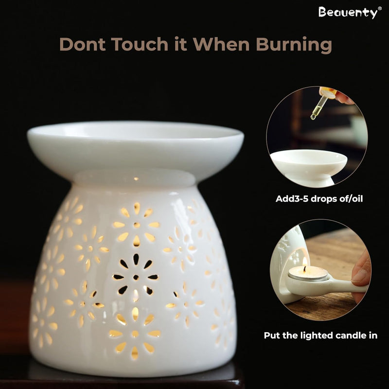 Beauenty Oil Candle Warmers, Ceramic Tealight Holder, Aroma Oil Burner, Aromatherapy Stove. White Carved Petal (Style 2)