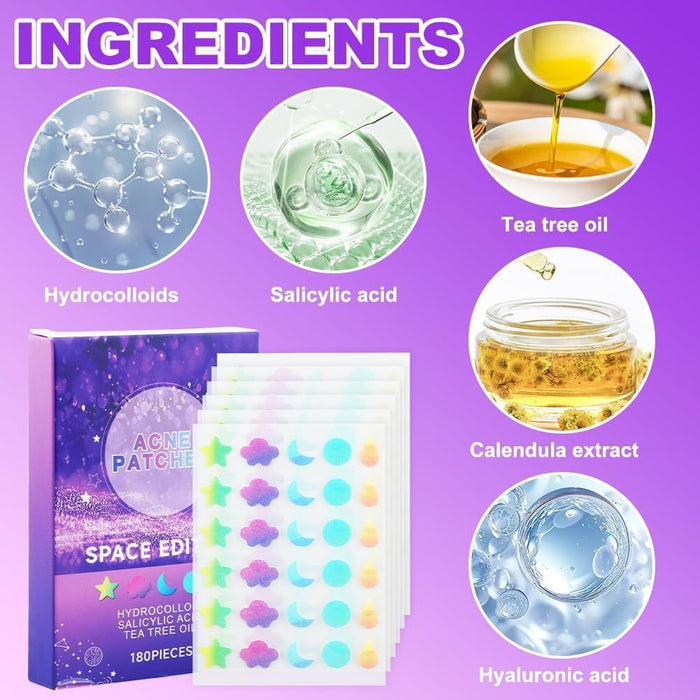 Azonee Pimple Patches for Face, Hydrocolloid Acne Patches Cute Star Zit Covers Spot Cover Stickers 180 Pcs with Tea Tree Salicylic Acid Natural Green Algae Extract Blemish Spot Stickers, 5 Styles