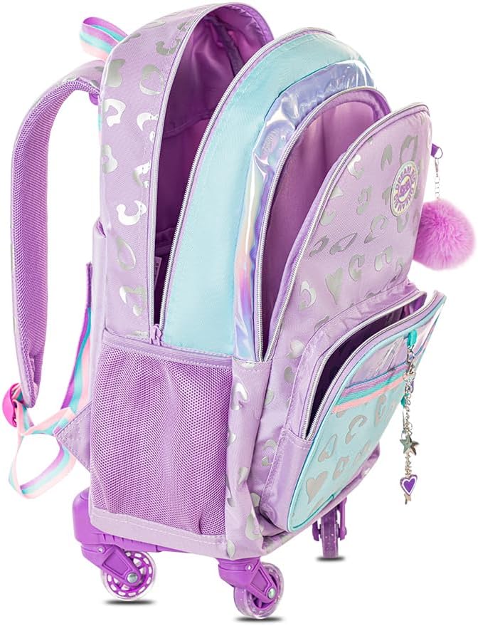 4-wheel Trolley 17" School Bag Set of 3 w/Lunch Bag and Pencil Pouch - Love Purple