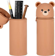 Kawaii Silicone Pencil Case, Stand Up Pen 2-In-1 Table Holder, Zip, Bag, Colouring Pencils, Marker, Case Animals, Panda, Briefcase, Office Supplies, Brown Bear