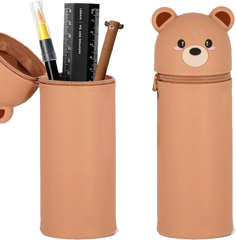 Kawaii Silicone Pencil Case, Stand Up Pen 2-In-1 Table Holder, Zip, Bag, Colouring Pencils, Marker, Case Animals, Panda, Briefcase, Office Supplies, Brown Bear
