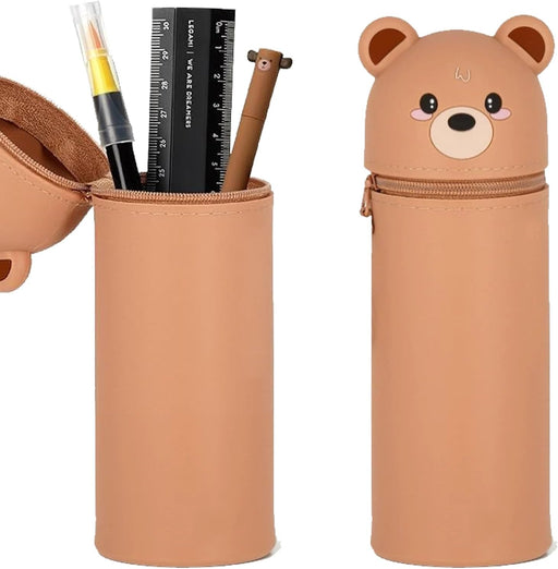 Kawaii Silicone Pencil Case, Stand Up Pen 2-In-1 Table Holder, Zip, Bag, Colouring Pencils, Marker, Case Animals, Panda, Briefcase, Office Supplies, Brown Bear