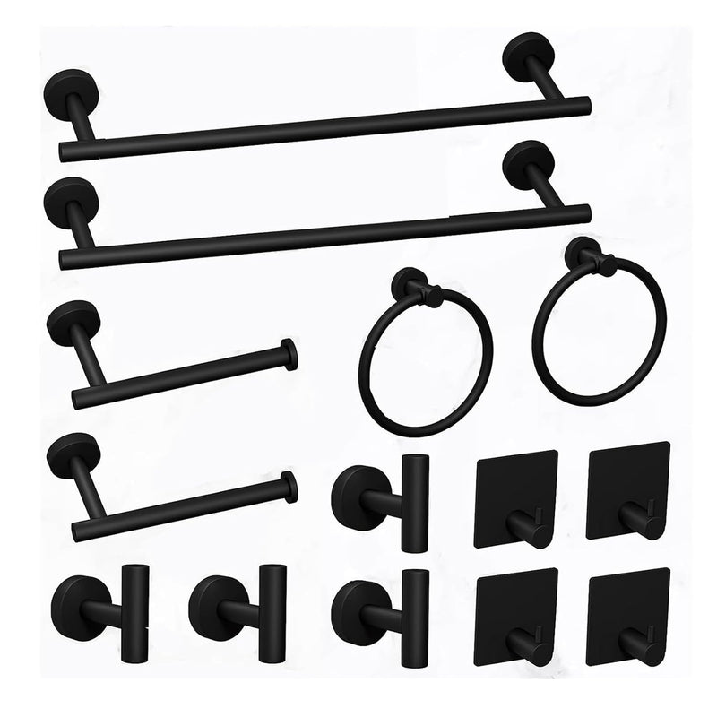 THE WHITE SHOP 14 Pcs Bath Towel Bar Set, Matte Black Stainless Steel Bathroom Hardware Set Matt Black Towel Holder Kit Hand Towel Holder Towel Ring Robe Hooks Water-Resistant, Rust-Resistant