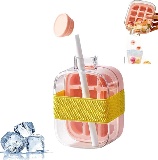 2-in-1 Ice Cube Tray Water Bottle with Straw & Leak-Proof Lid - Touch-Free Press Release Silicone Ice Cube Molds, Reusable Portable Ice Maker for Coffee, Juice, Beverages (White - 500ml) - Pink - 500ml