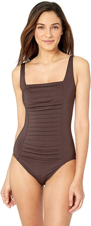 Pleated-Front One Piece Swimsuit - Chocolate