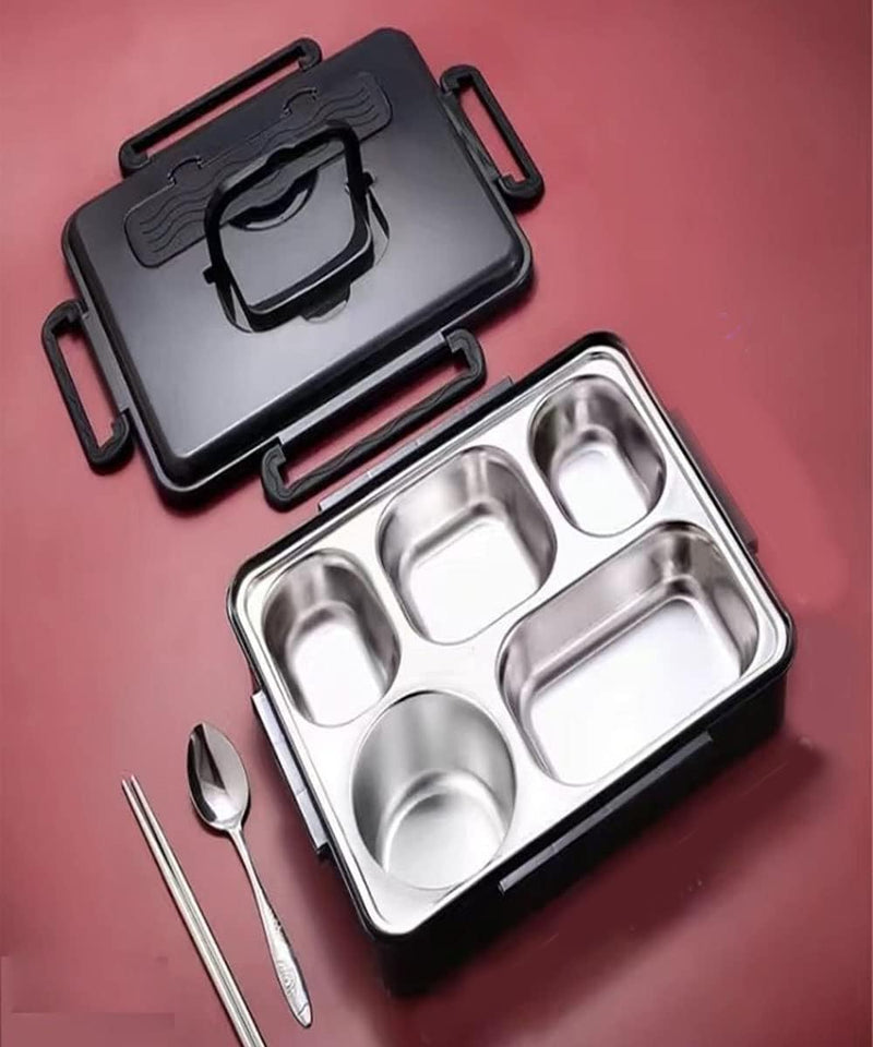 Lunch Bento Box for Kids, 5 Compartments Portable Thermal Insulation Leak-Proof Children's Lunch Containers with Stainless Steel Liner Spoon and Spork for School and office (Pink/Silver/Black) - Black/Silver