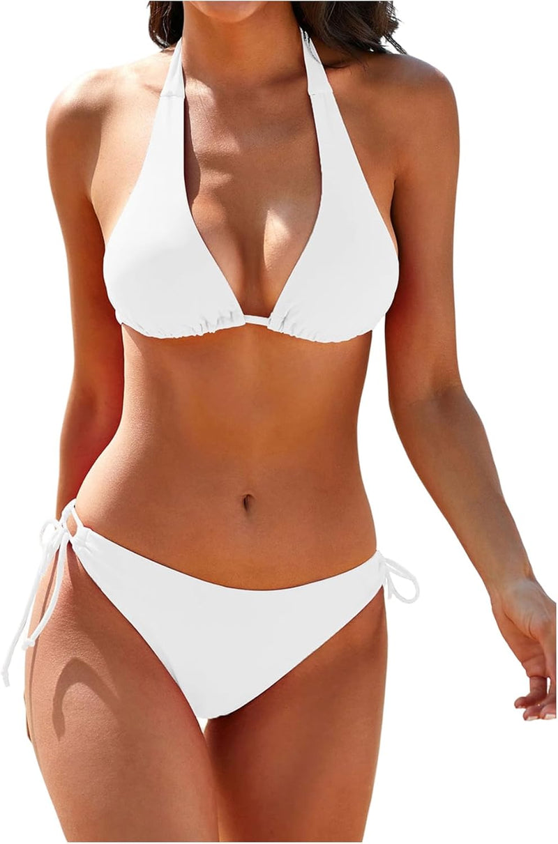 GORGLITTER Women's 2 Piece Swimsuits Halter Tie Side Thong Beach Bikini Set