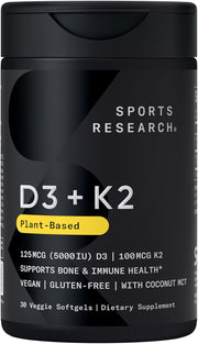 D3 + K2, Plant-Based, 30 Veggie Softgels Plant-Based Vitamin D 5000iu/125mcg & Soy-Free Vitamin K 100mcg for Bone & Immune Support - Vegan Certified & Non-GMO Verifed