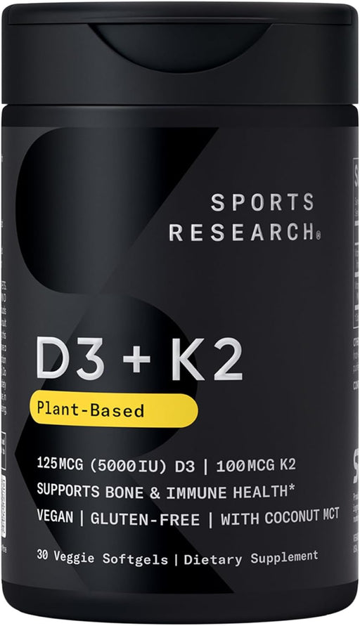 D3 + K2, Plant-Based, 30 Veggie Softgels Plant-Based Vitamin D 5000iu/125mcg & Soy-Free Vitamin K 100mcg for Bone & Immune Support - Vegan Certified & Non-GMO Verifed