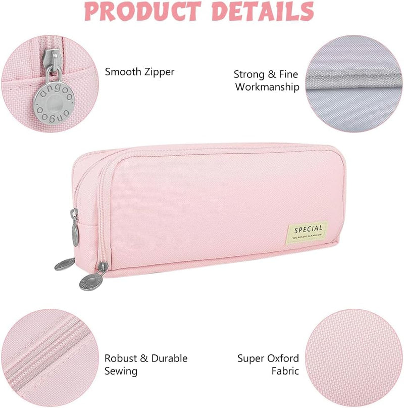 HASTHIP Large Capacity Pencil Case with 3 Compartments, Multi-Functional Pencil Box for Kids, Girls, Boys, Teenagers, Adults, Stationery Organizer Pouch, Pink