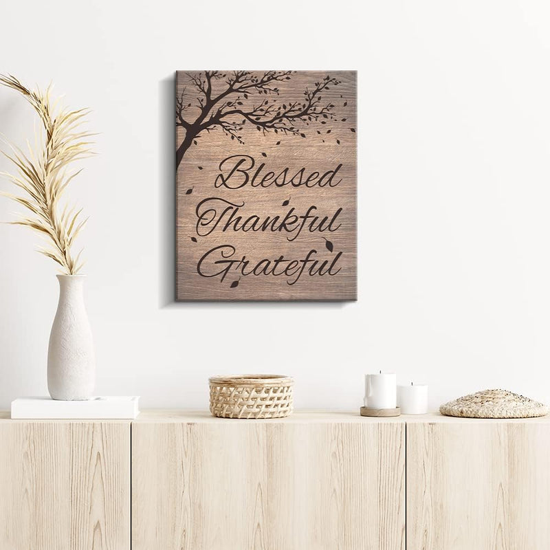 Kas Home Thankful Grateful Blessed Wall Decor Canvas Inspirational Quote Sign Farmhouse Rustic Wall Art Positive Word Hanging Decoration for Bedroom Living Room Kitchen Framed Plaque (10.6 x 13.7