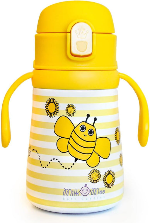 Milk&Moo Kids Steel Water Bottle 360ml Stainless Steel Thermos Water Bottle for Toddlers & Preschoolers Insulated Bottle with Straw Lid, Handle & Strap Leak-Proof Bottle (Bee Viz Viz)