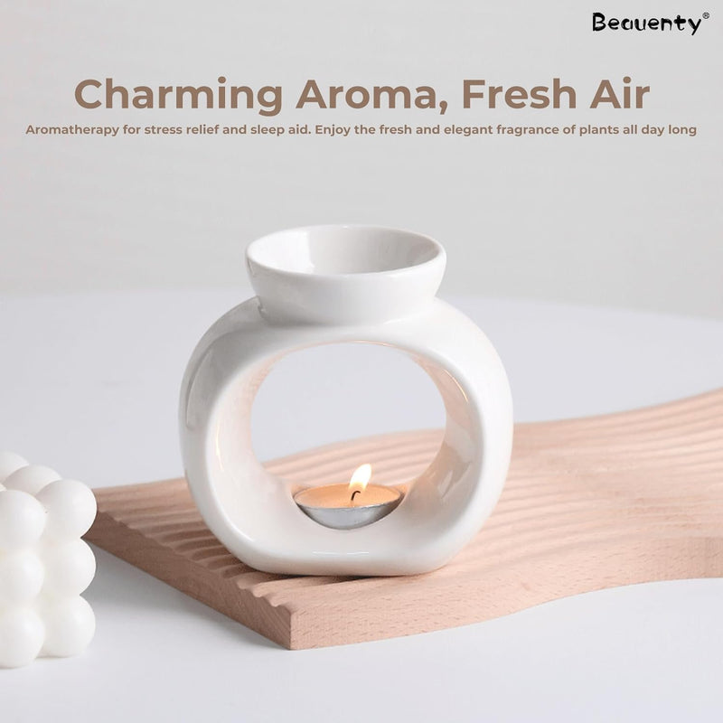 Beauenty Oil Candle Warmers, Ceramic Tealight Holder, Aroma Oil Burner, Aromatherapy Stove. White Carved Petal (Style 2)