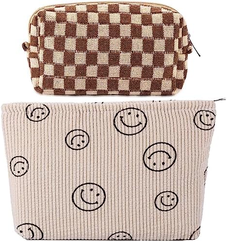 ZLFSRQ 3Pcs Checkered Makeup Bag for Women Large Cosmetic Bag Set Travel Toiletry Bag Makeup Pouch Bag for Purse Pink Zipper Storage Bag Organizer Cute Small Aesthetic Girls Car Essentials Bag