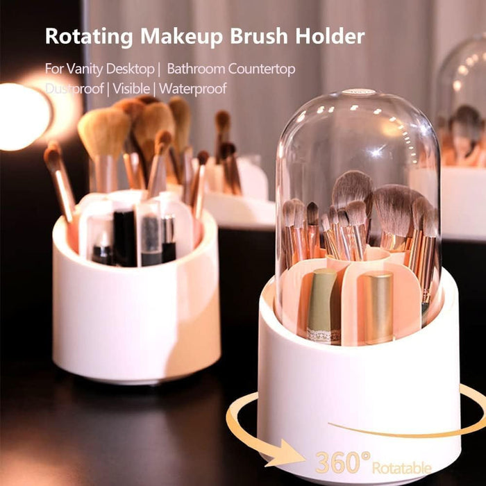 NP Rotating Makeup Brush Holder with Lid, Dustproof Cosmetic Brush Storage Organizer for Vanity Bathroom Dresser, Pen Pencil Holder for Office School, Acrylic Rack