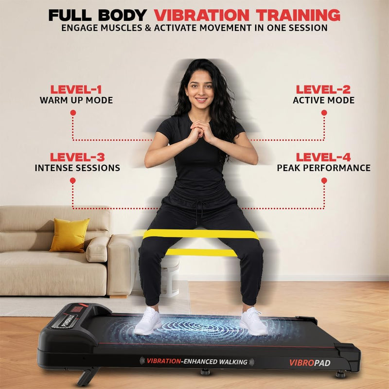 PowerMax Fitness VibroPad 3.5 HP BLDC Motorized 4 in 1 Vibration Walking Pad Treadmill for Home Use 8% Manual Incline with Remote Control Top Speed 6kh/h LED Display Running Surface 900x385mm