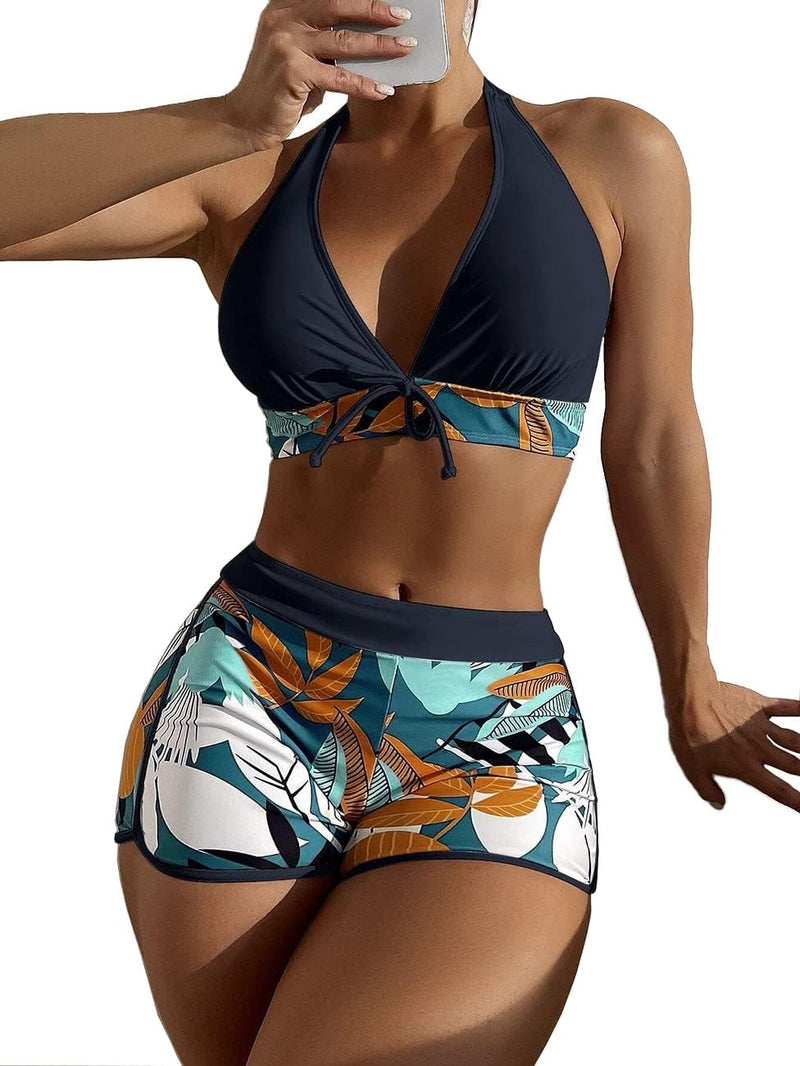 Tainehs Women's Two Piece Bikini Swimsuit Tie Halter Neck Padded Deep V Neck Bathing Suit with Boy Shorts