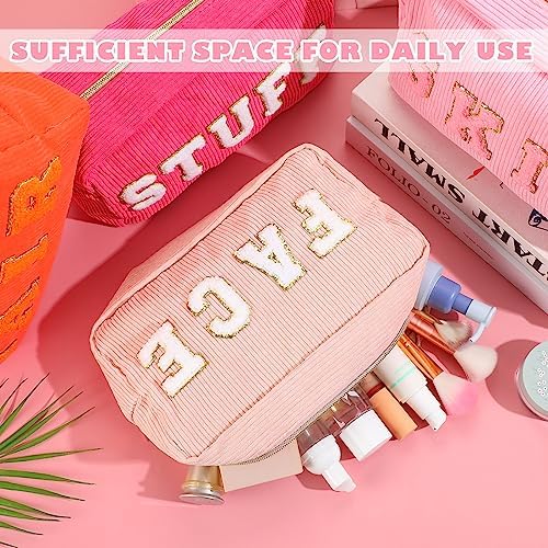 Pinkunn 4 Pcs Preppy Makeup Bags Christmas Chenille Letter Bag Face Skin Hair Stuff Cosmetic Bag Corduroy Makeup Pouch with Zipper Birthday Gifts for Women(Purple, Pink, White, Blue,Corduroy)
