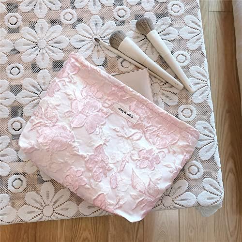 STARDW Flower Cosmetic Bags Makeup Bags for Women and Girls,Travel Makeup Bag Large Capacity Canvas Makeup Bag,Makeup Organizer Bag Zipper Pouch, Embossed pink, Large Capacity Aesthetic Makeup Bags