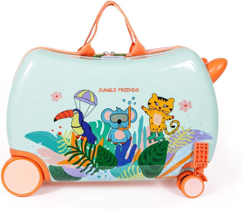 MILK&MOO Rideable Kids Suitcase Jungle Friends, Fun and Safe, Durable, Spacious, and Ergonomic Design, Enjoyable Journeys with 360-Degree Swivel Wheels,Suitable for Children Aged 2-6 Years