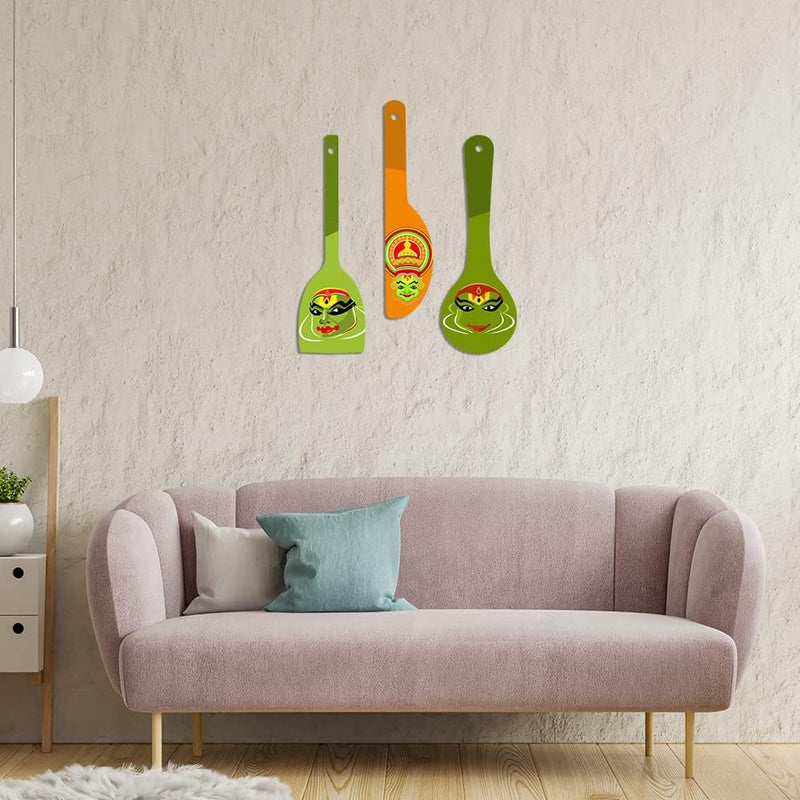 Artvibes Rajasthani Culture Wooden Wall Hanger for Home | Office | Living Room | Gift | Modern Decoration Items | Kitchen Wall Decor | Home Decor Hanging Items (WH_5012N), Set of 3
