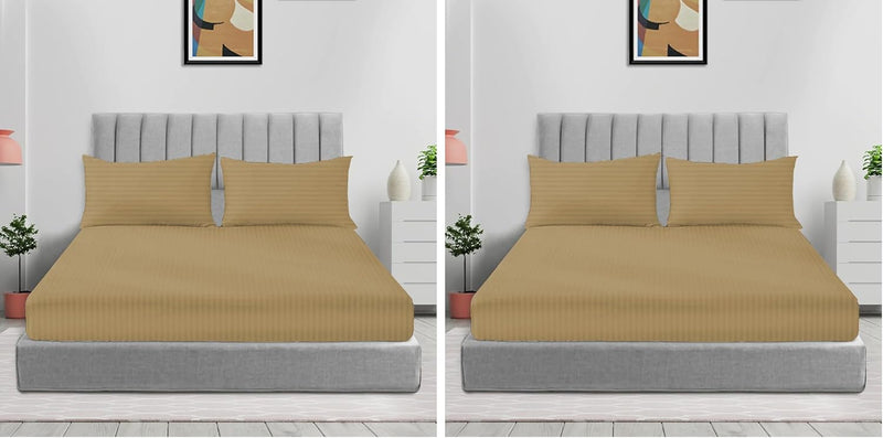Sleep Well Microfiber Stripe Fitted Sheet with Pillowcase Set - 90x200+17cm (Beige) - Beige 150x200+17cm (Pack of 2)