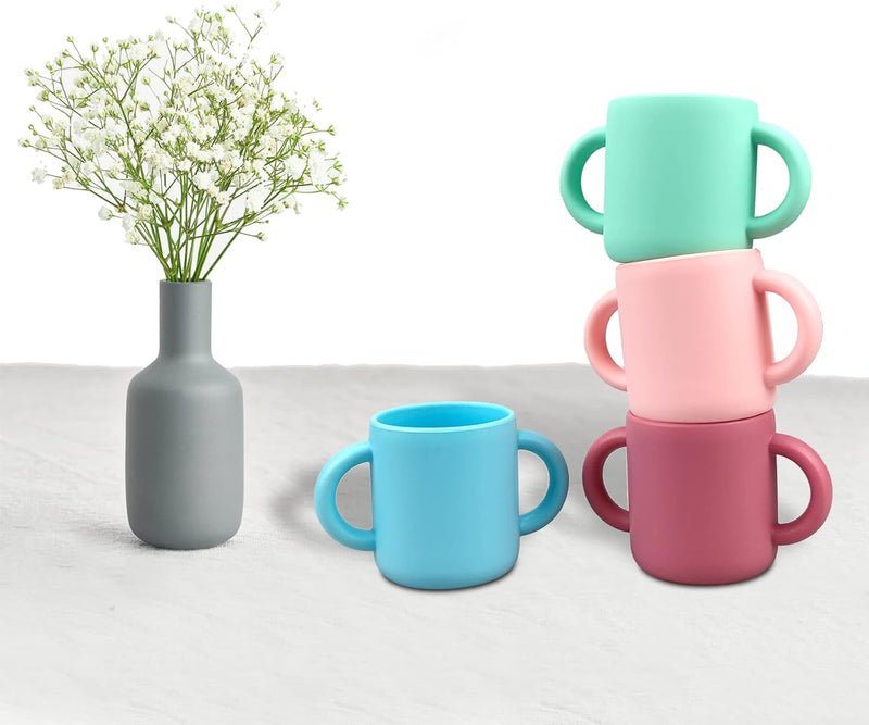TQONEP Silicone Training Cup for Infants 2 Handles, Easy Grip Handles Toddler Learning Cup Applicable for Baby Over 6 Months（Pink+Blue