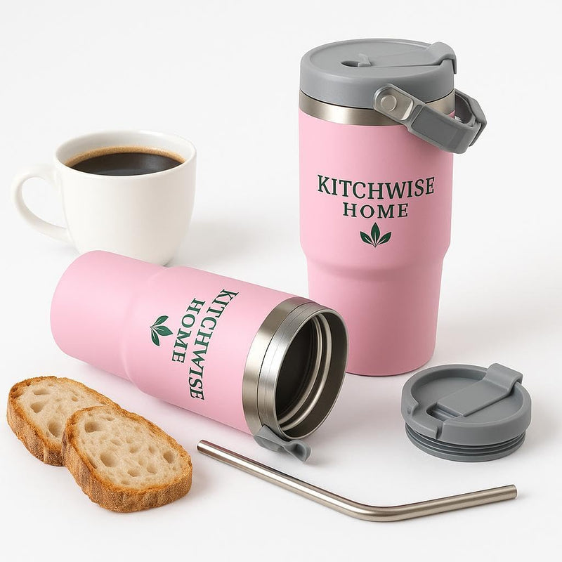 Kitchwise Home 30oz Flip Straw Tumbler with Handle Insulated Stainless Steel Coffee Mug Leak-Proof Insulated Travel Mug for Gym Sports Outdoors Comfort-Grip Handle- BPA free (Black)