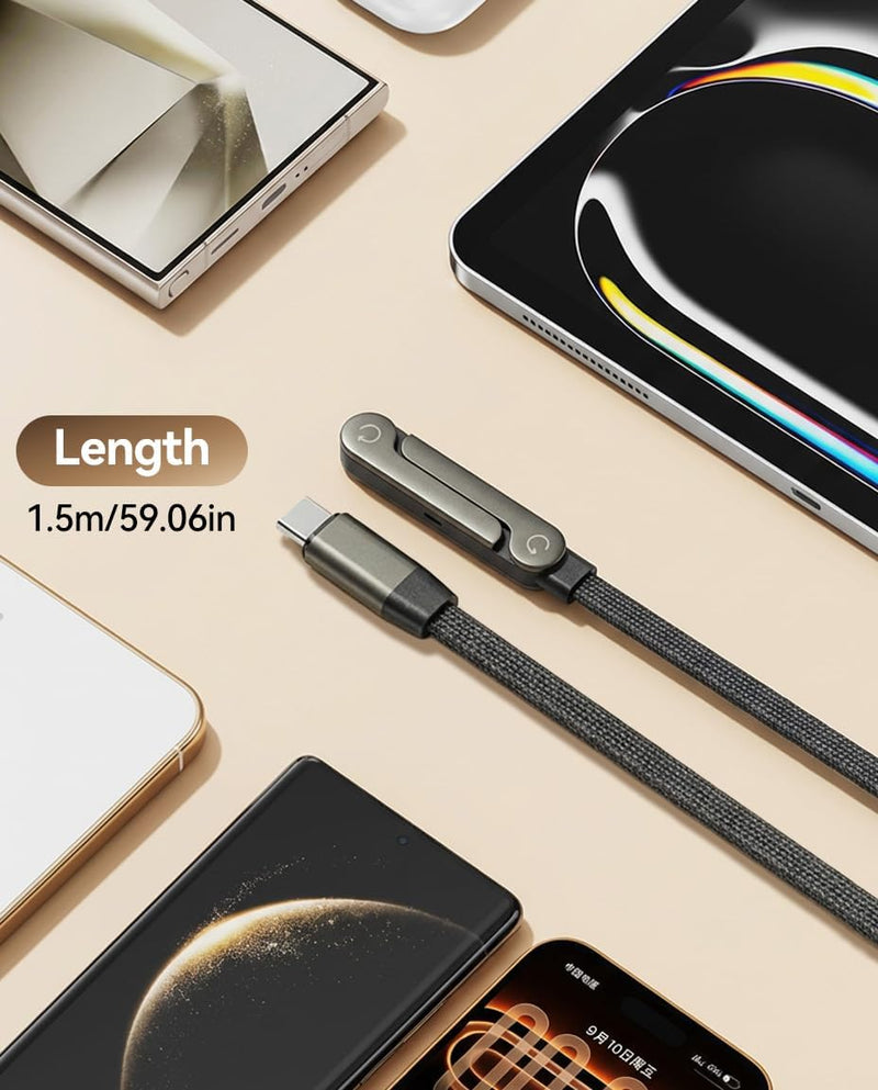 T Tersely Stand Lite 1.5M/240W Braided Fast Charge Cable - Built-in Phone Stand, T-Shaped Foldable 90 Degree USB-C Cord, Multi-Functional Right Angle Charger Cable - Black