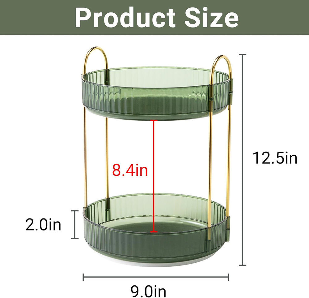 360 Rotating Makeup Organizer, 2-Tier Green Modern Minimalist Countertop Caddy for Cosmetics, Skincare & Perfume