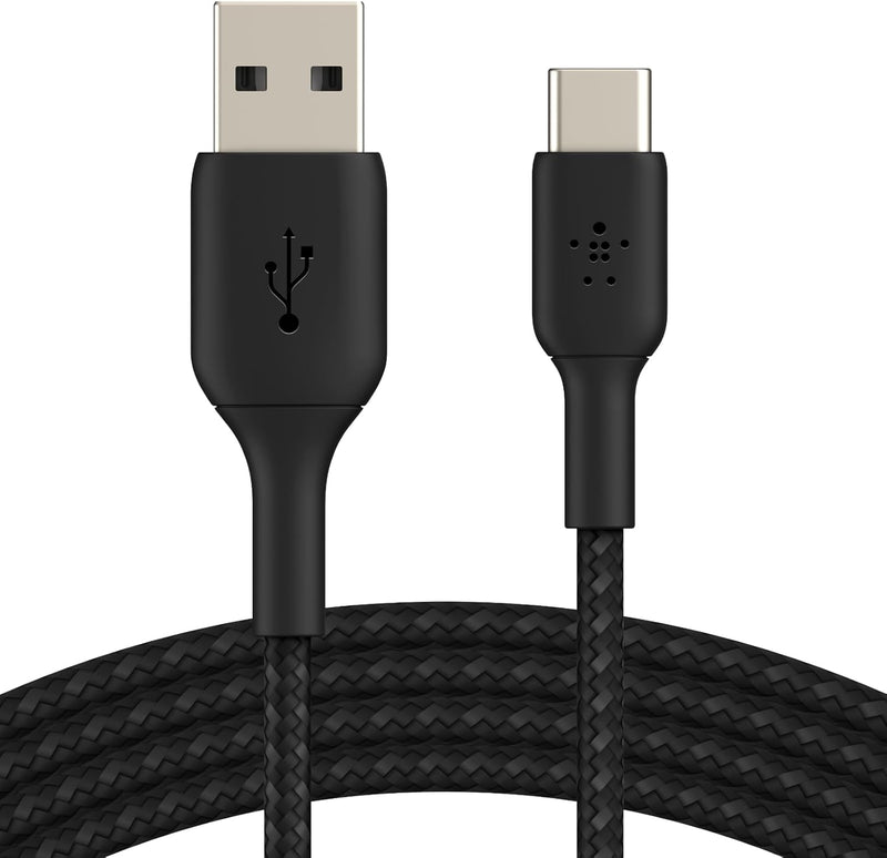 Belkin Fast Charge Braided USB C charger cable, USB-C to USB-A cable, USB type C charging cable for iPhone 15, Samsung Galaxy S23, Google Pixel, iPad, MacBook, Nintendo Switch and more - 2m, Black - Black 2M
