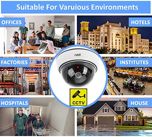 Rubik 4pc Dummy CCTV Camera with Flashing LED Light and CCTV Sticker Sign, Fake Surveillance Camera Security Indoor Dome Camera with LED Light